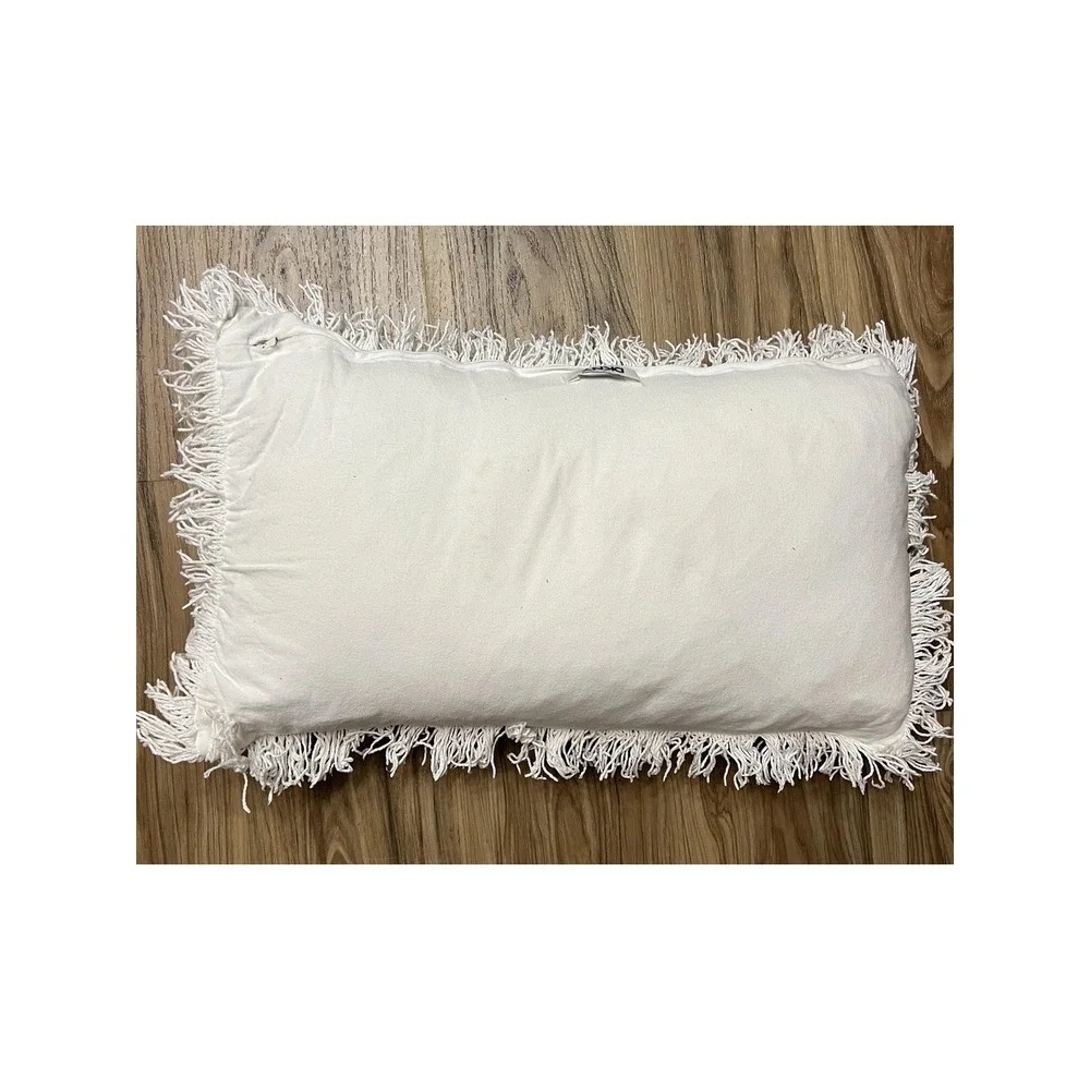 DKNY Throw Pillow White Cotton Textured Lumbar Decorative Fringe Trim 12x22